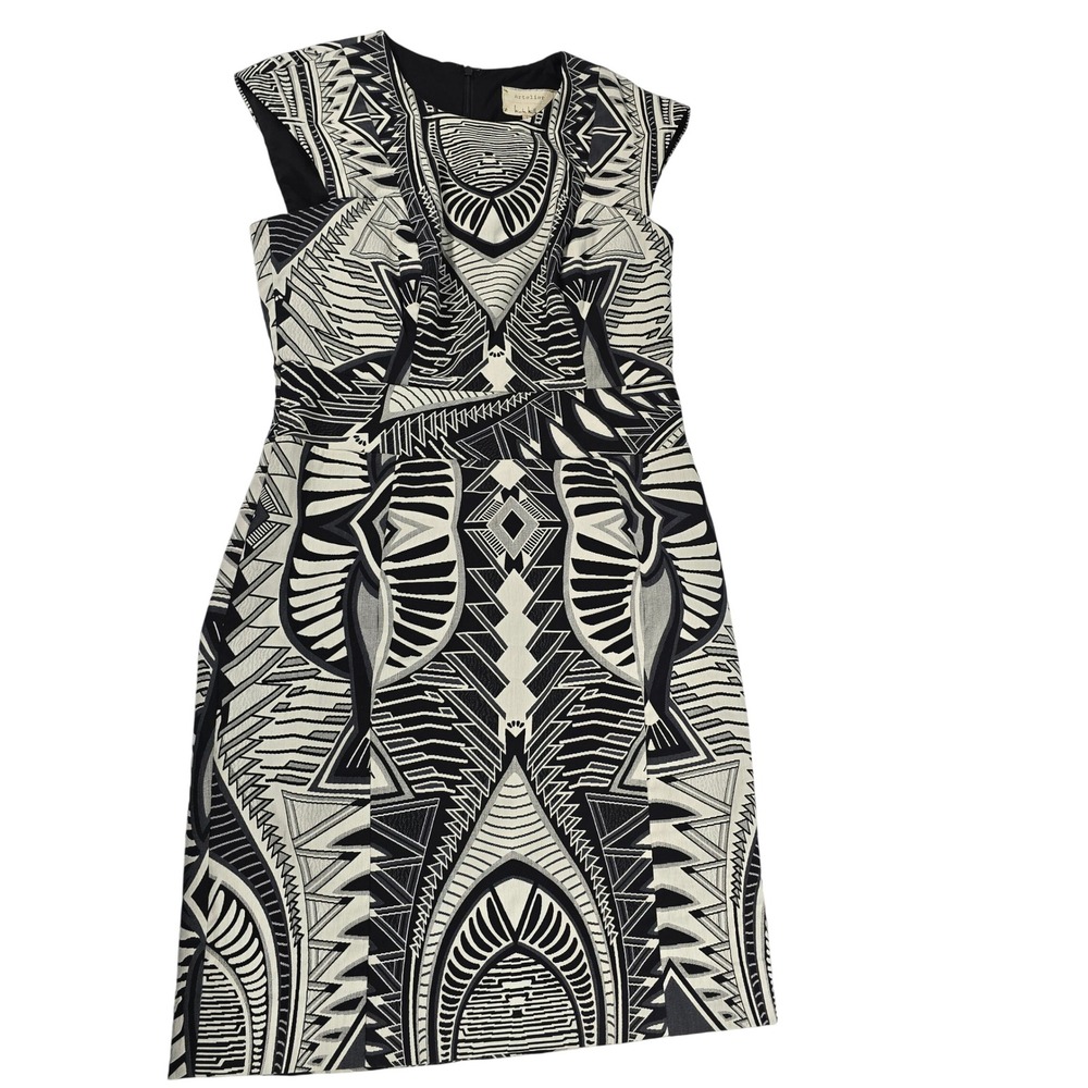 Artelier Nicole Miller Black White Geometric‎ Tribal Sheath Dress BQ0634 Size 6